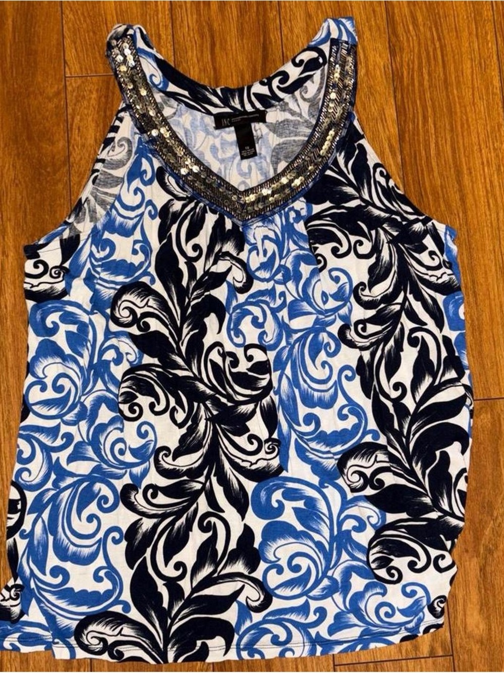 black and blue floral Y2K tank top with sequins